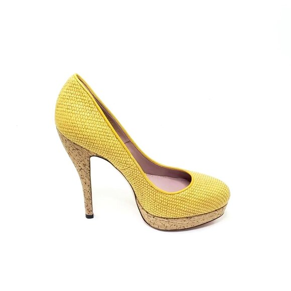 Gucci Bumblebee Woven Cork Platform Pump Stiletto Almond Round Toe Yellow US 7.5 - Picture 8 of 10